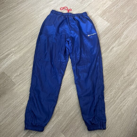 Champion Mens L Blue Shiny Lined Track Vintage Jogger pants Windbreaker - Picture 1 of 6
